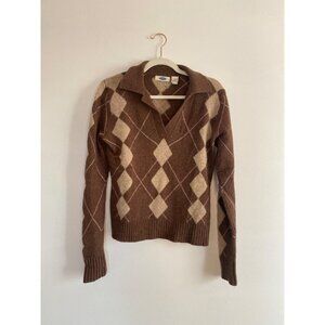 Old Navy Argyle Lambswool Blend Brown & Tan Sweater With Collared V-Neck Size M
